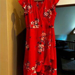 Le Chateau Red Asymmetrical Wrap Dress with Flutter Sleeves